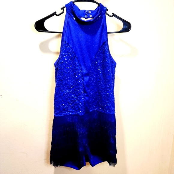WEISSMAN Vibrant Blue Sequin Halter Romper Dance Wear with Fringe Size LA - Picture 3 of 12
